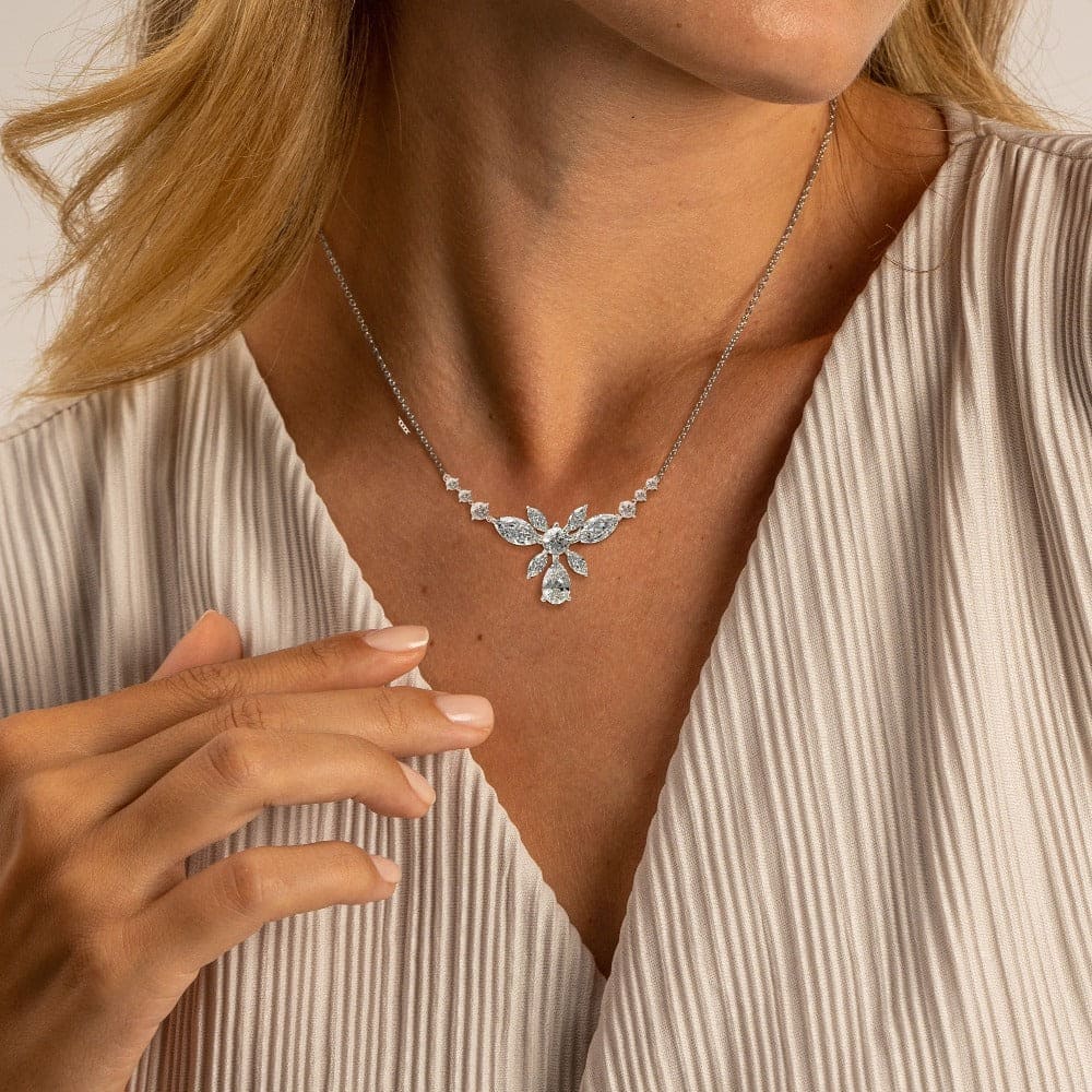 Blossom: Floral Brilliant-Cut Diamonds Necklace - S925 Sterling Silver