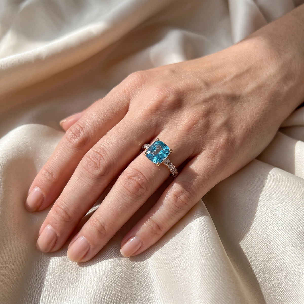 The Juliana Hope gold blue cushion ring worn on a model hand
