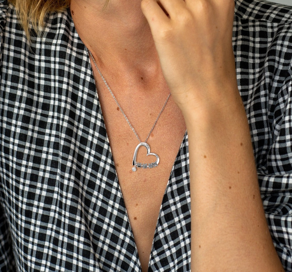 Gold Heart Necklace with Engraved Beads & Diamond