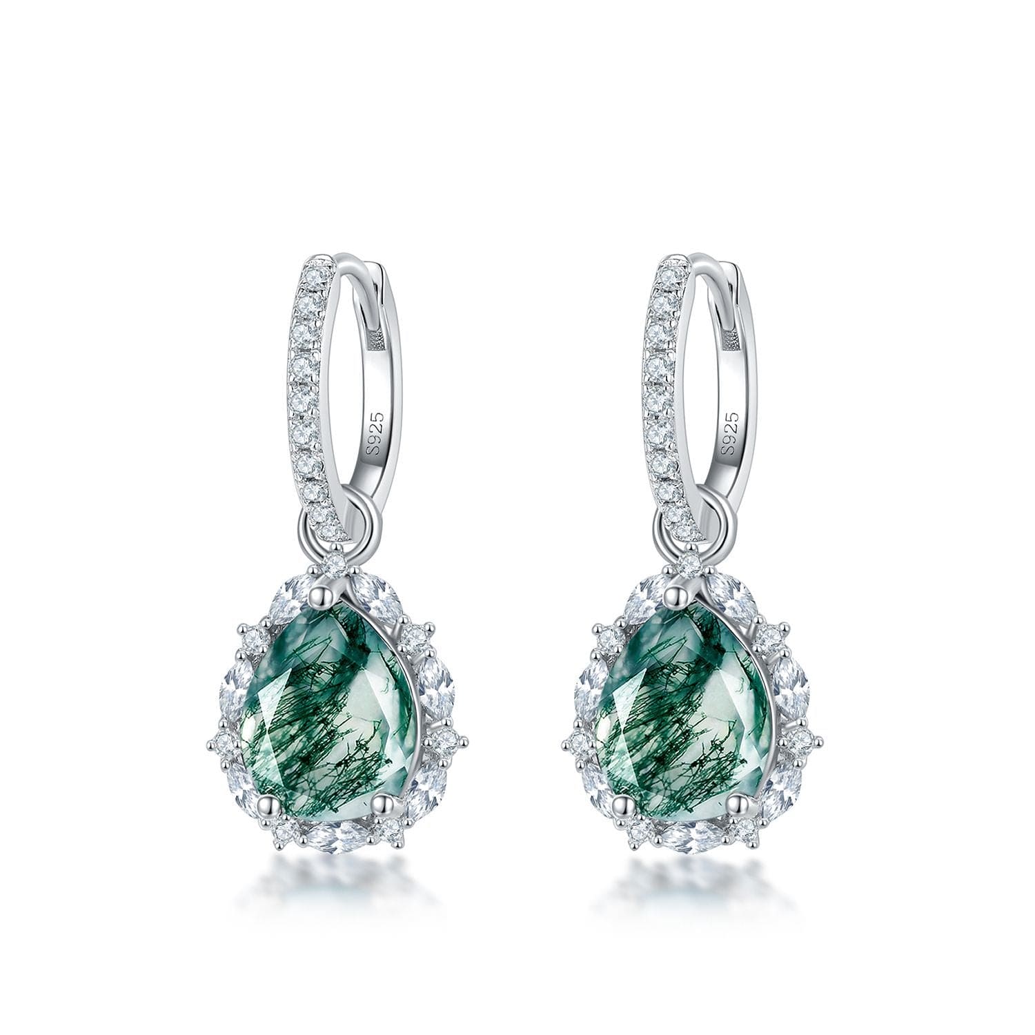 Teardrop Halo Natural Moss Agate Leverback Earrings - S925 Sterling Silver