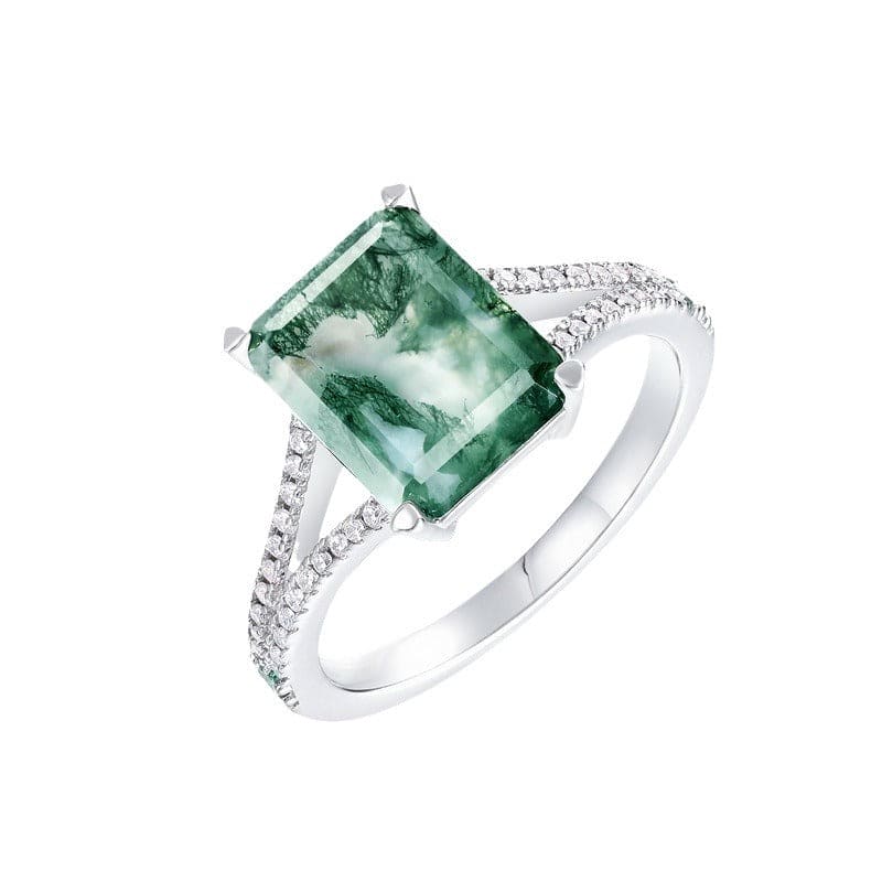 Cushion Cut Natural Moss Agate Diamond Halo Ring - S925 Sterling Silver