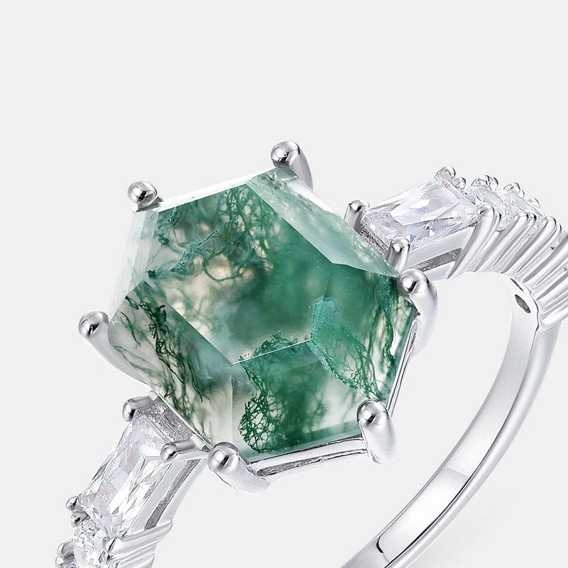 Hexagonal Natural Moss Agate Baguette Accent Ring - S925 Sterling Silver