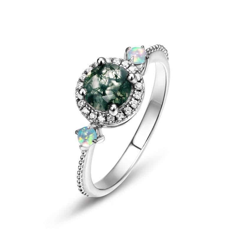 Halo Round Cut Natural Moss Agate Opalescent Ring - S925 Sterling Silver