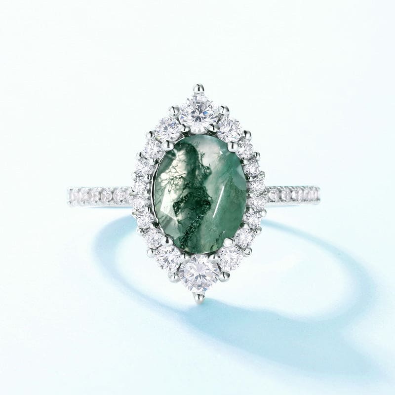Oval Natural Moss Agate Halo Ring - S925 Sterling Silver
