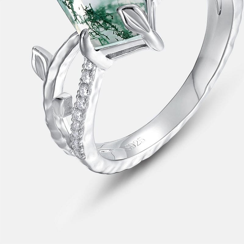Kite Cut Natural Moss Agate Diamond Embrace Ring - S925 Sterling Silver