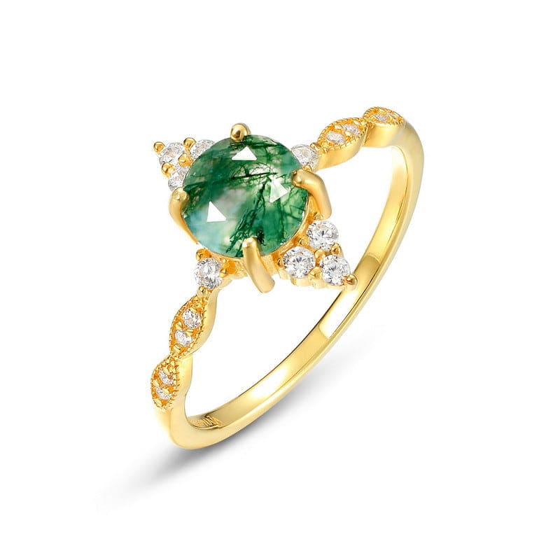 Marquise Cut Natural Moss Agate Sunburst Gold Ring - S925 Sterling Silver