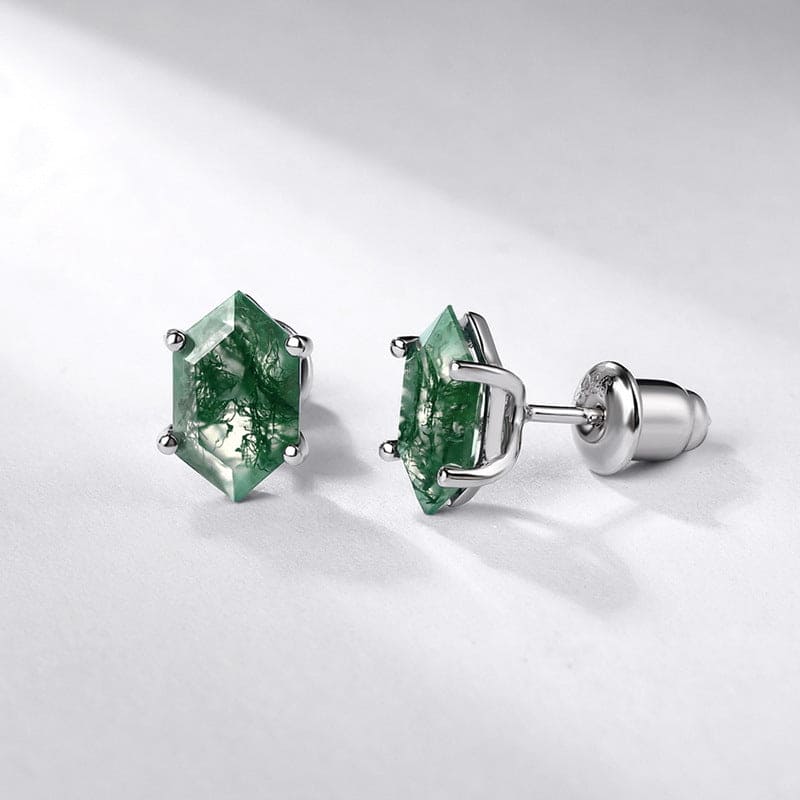 Coffin Cut Natural Moss Agate Stud Earrings - S925 Sterling Silver