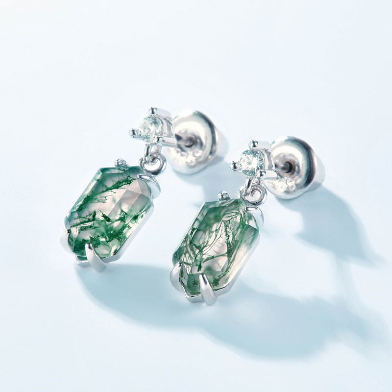Barrel Cut Natural Moss Agate Dangle Earrings - S925 Sterling Silver