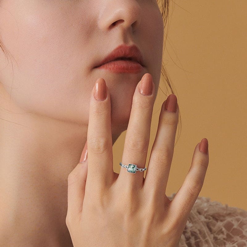 Cushion Cut Natural Moss Agate Wavy Band Ring - S925 Sterling Silver