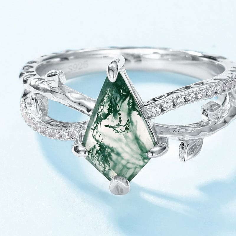 Kite Cut Natural Moss Agate Diamond Embrace Ring - S925 Sterling Silver