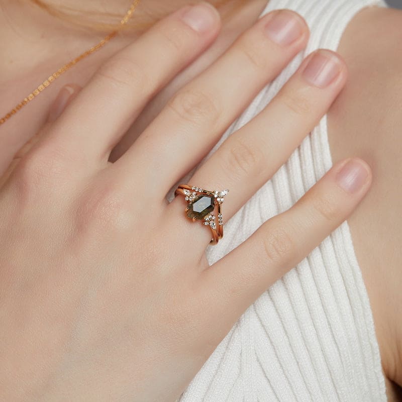 Hexagonal Cut Natural Moss Agate Gold Ring Set - S925 Sterling Silver