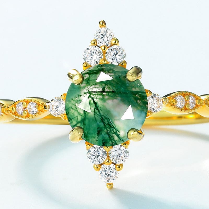 Marquise Cut Natural Moss Agate Sunburst Gold Ring - S925 Sterling Silver