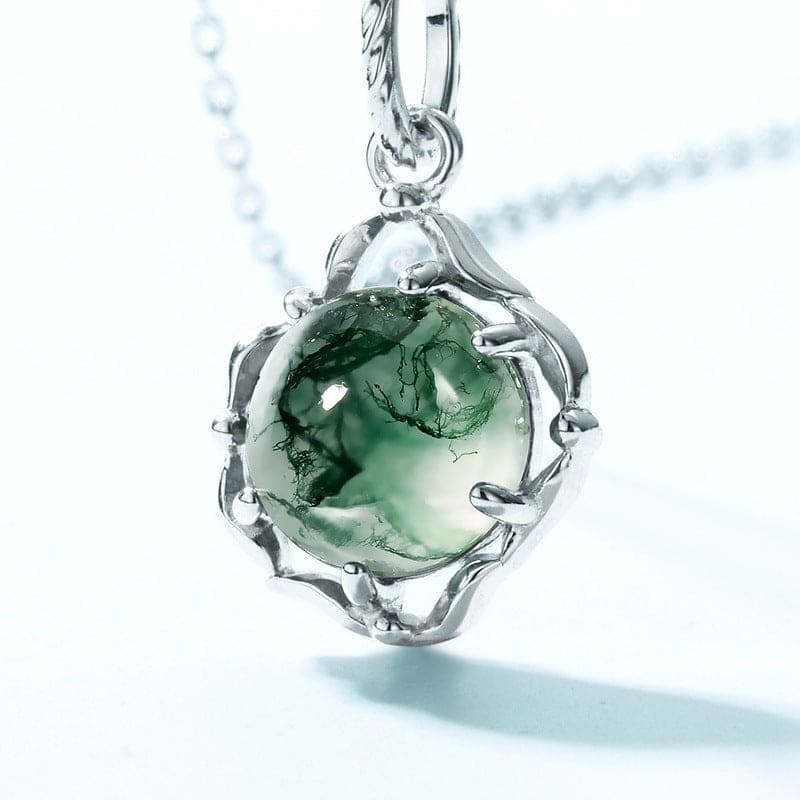 Celtic Knot Natural Moss Agate Pendant Necklace - S925 Sterling Silver