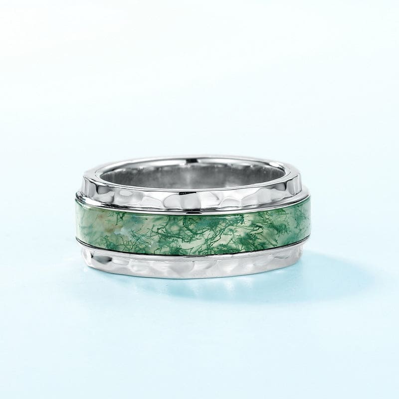 Natural Moss Agate Streamline Inlay Band Ring - S925 Sterling Silver