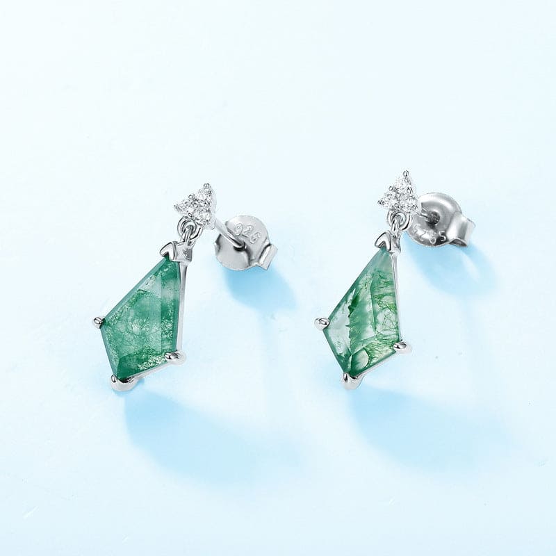 Kite Cut Natural Moss Agate Drop Earrings - S925 Sterling Silver