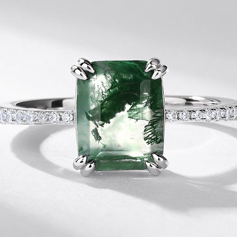 Pavé Diamonds Hexagonal Cut Natural Moss Agate Ring - S925 Sterling Silver