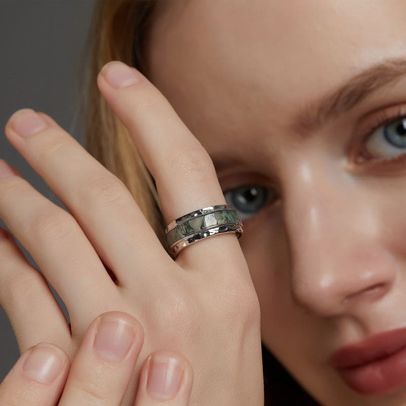 Natural Moss Agate Streamline Inlay Band Ring - S925 Sterling Silver