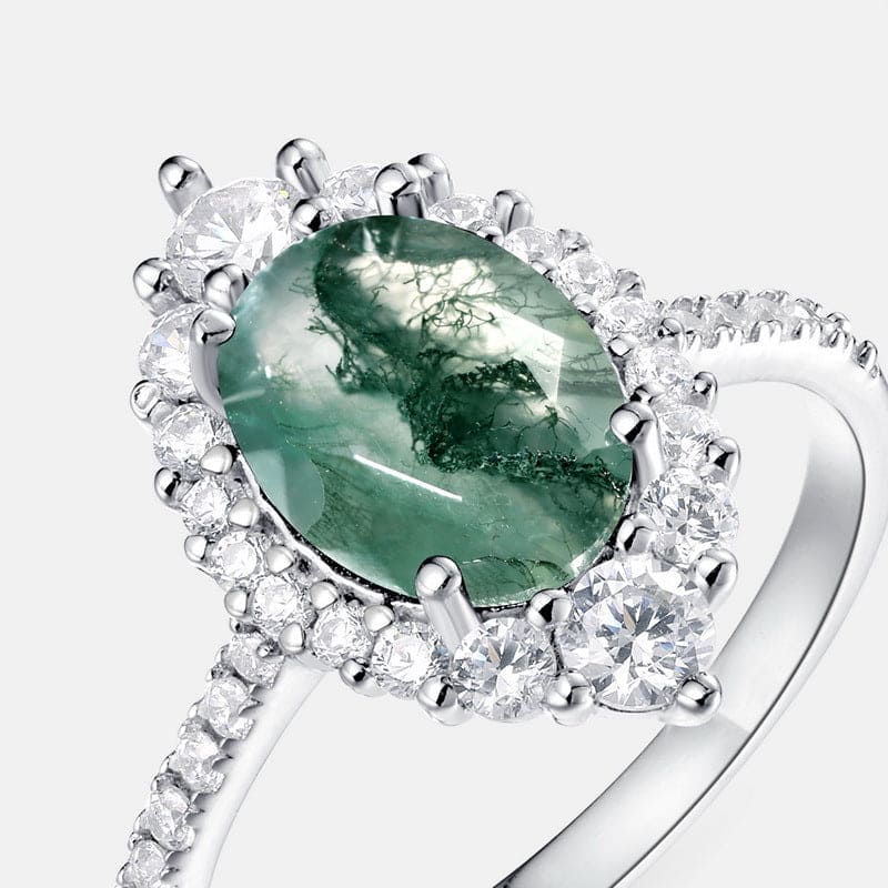 Oval Natural Moss Agate Halo Ring - S925 Sterling Silver