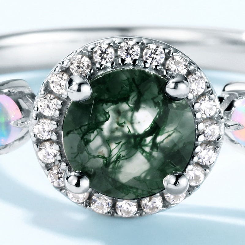 Halo Round Cut Natural Moss Agate Opalescent Ring - S925 Sterling Silver