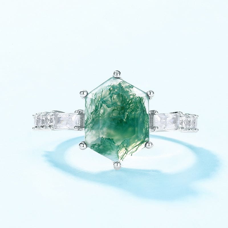 Hexagonal Natural Moss Agate Baguette Accent Ring - S925 Sterling Silver