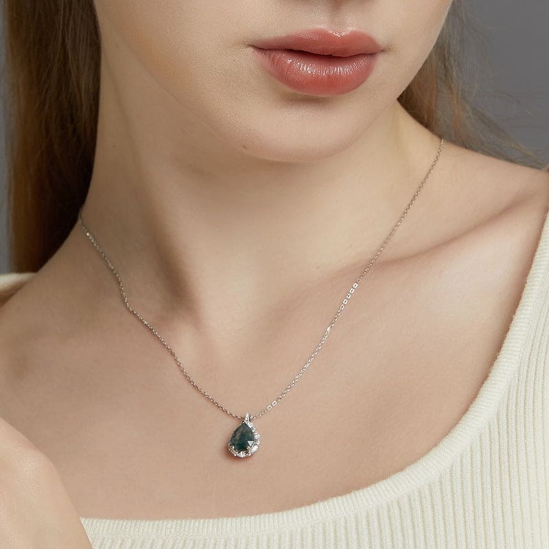 Ethereal Forest Moss Agate Teardrop Pendant Necklace - S925 Sterling Silver