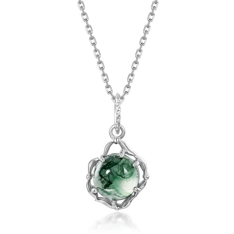 Celtic Knot Natural Moss Agate Pendant Necklace - S925 Sterling Silver