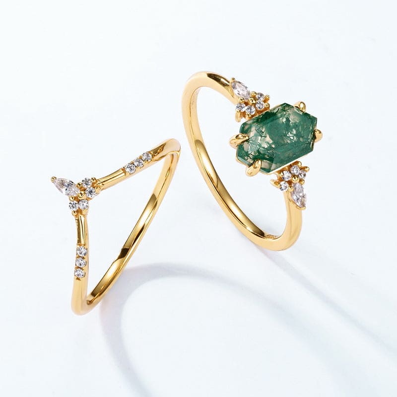 Hexagonal Cut Natural Moss Agate Gold Ring Set - S925 Sterling Silver