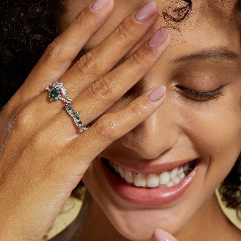 Eternity Wave Natural Moss Agate Diamond Ring - S925 Sterling Silver