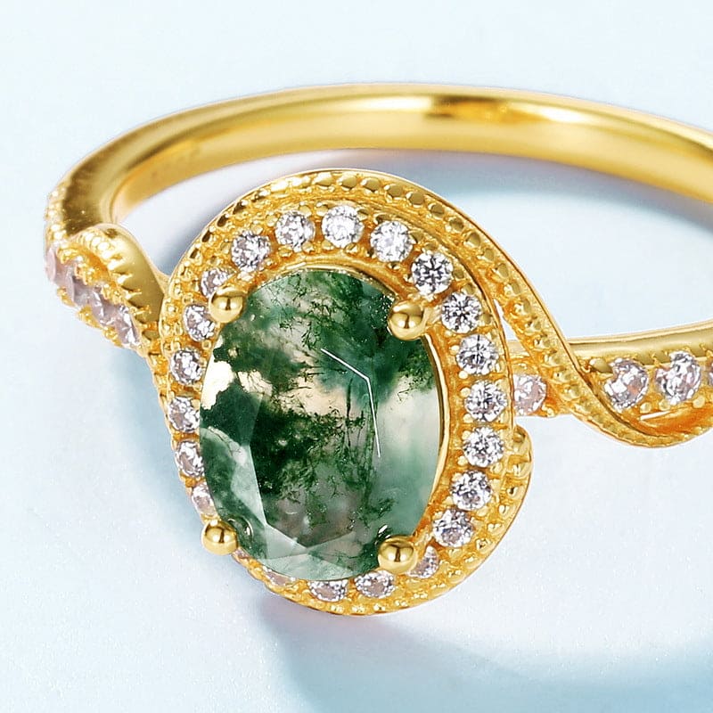 Halo Oval Cut Natural Moss Agate Pavé Gold Ring - S925 Sterling Silver