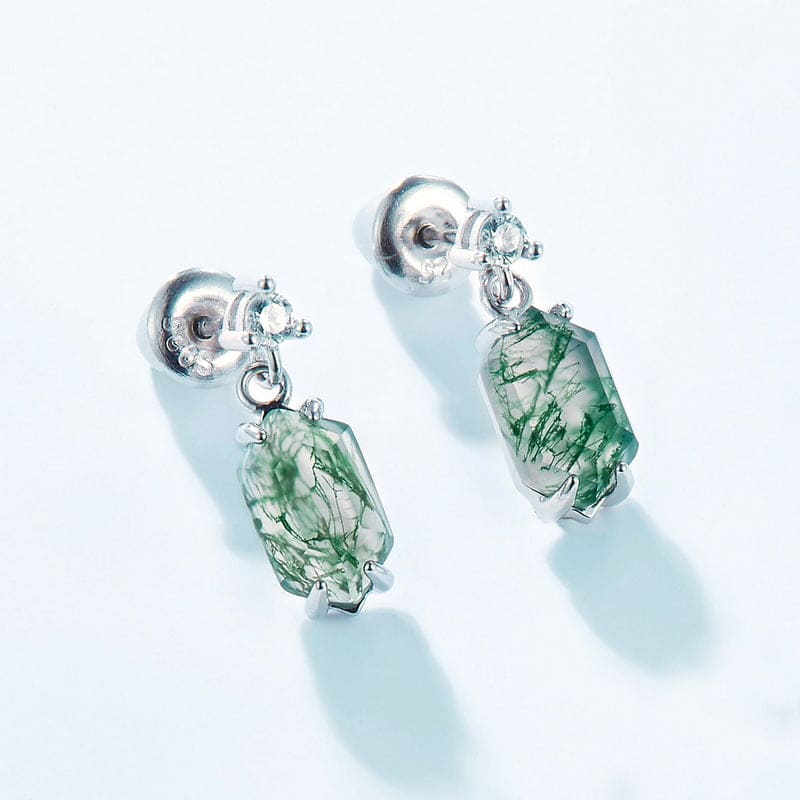 Barrel Cut Natural Moss Agate Dangle Earrings - S925 Sterling Silver