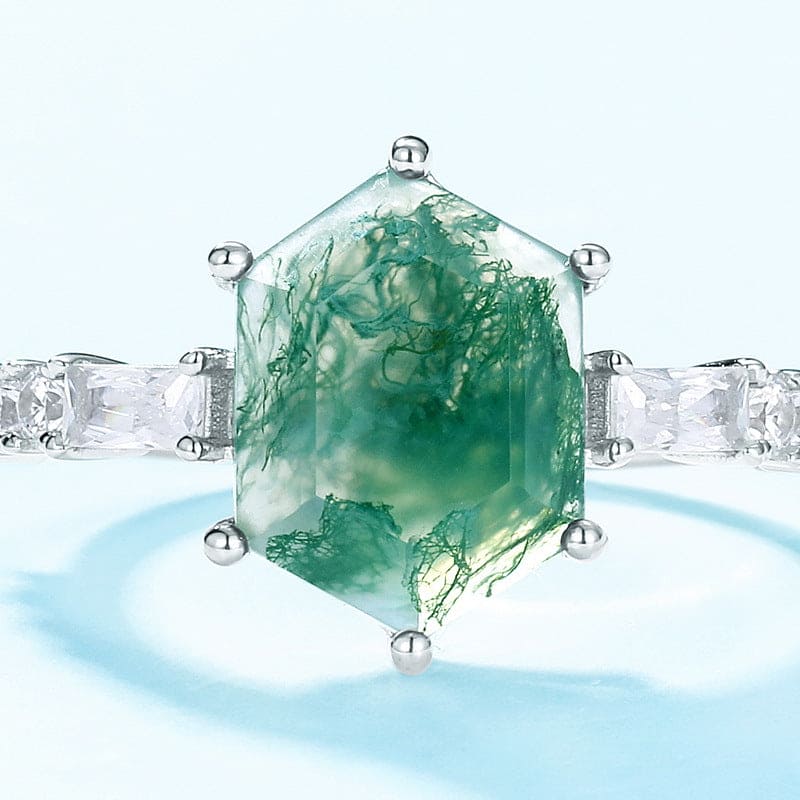 Hexagonal Natural Moss Agate Baguette Accent Ring - S925 Sterling Silver
