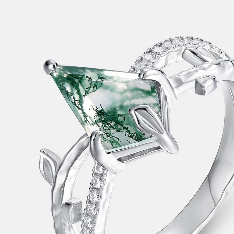 Kite Cut Natural Moss Agate Diamond Embrace Ring - S925 Sterling Silver