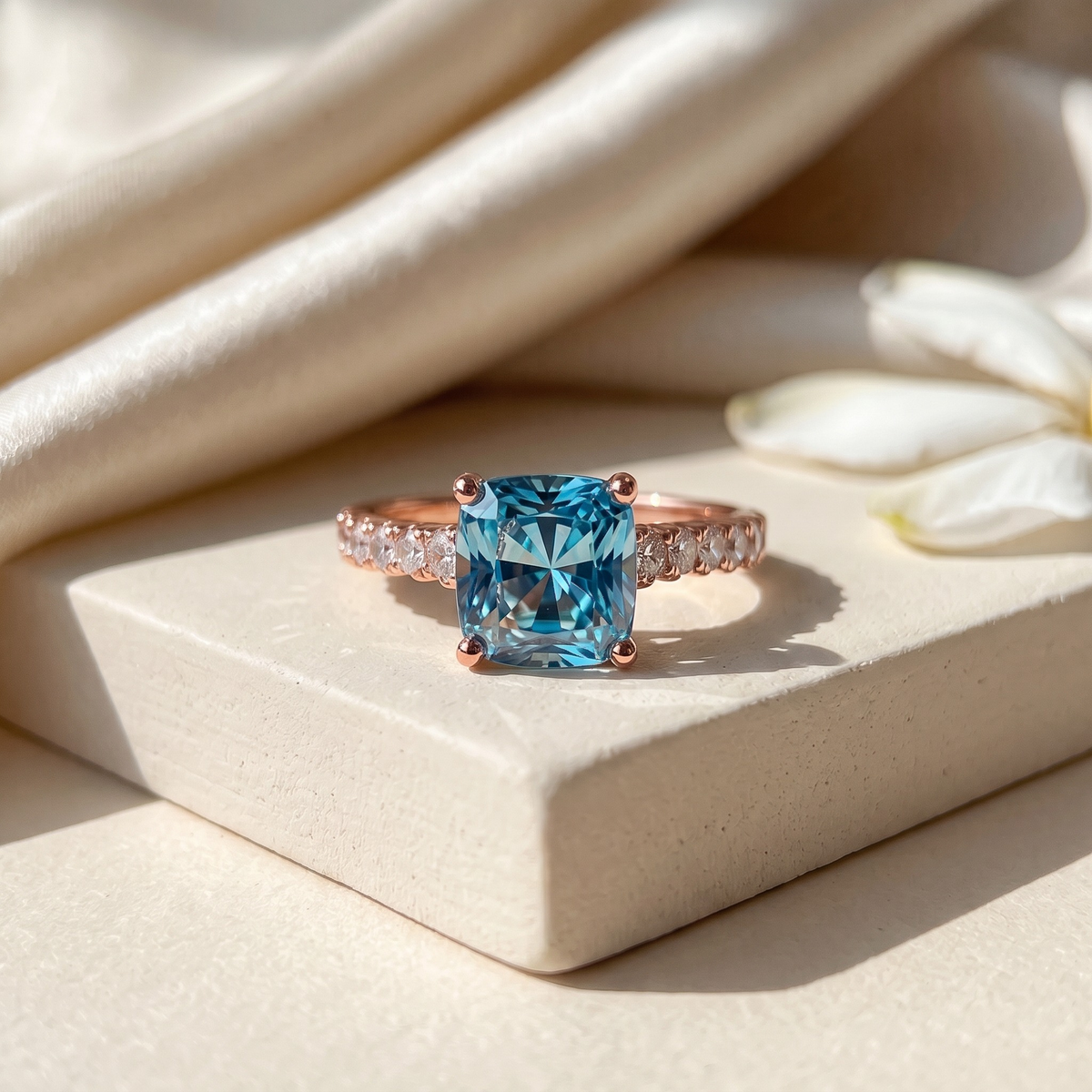 The Juliana Hope blue cushion moissanite ring in rose gold, isolated product view