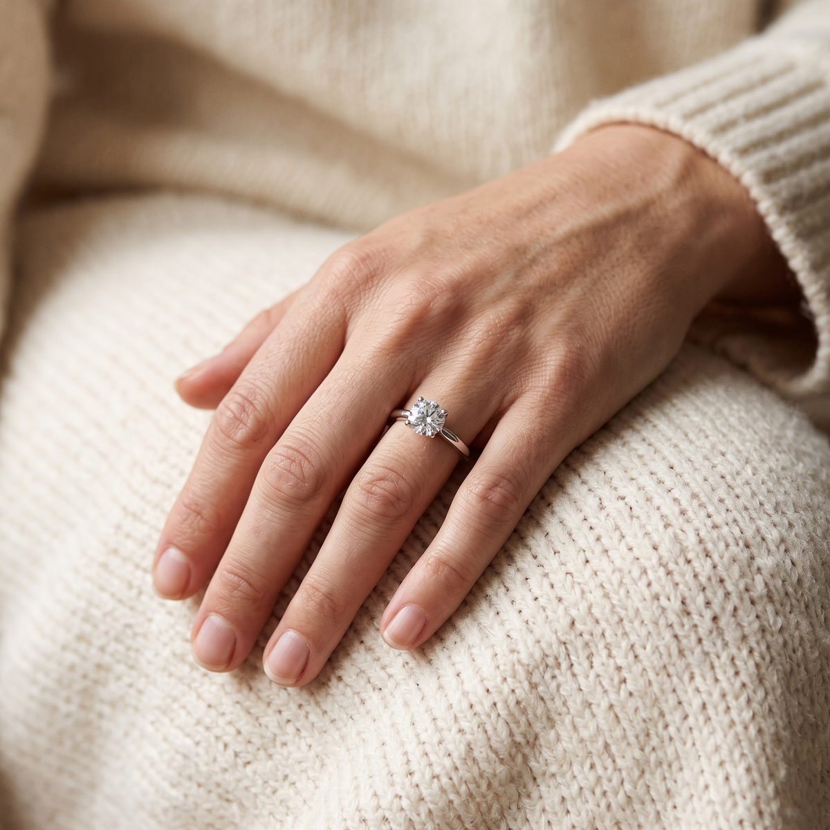 1CT brilliant round silver moissanite solitaire worn by a model, cuff detail