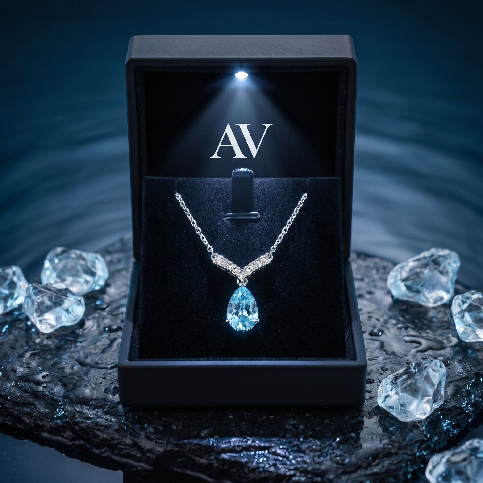 Pear cut aquamarine pendant in a lighted black jewelry box with AV logo, displayed on a dark, wet surface.