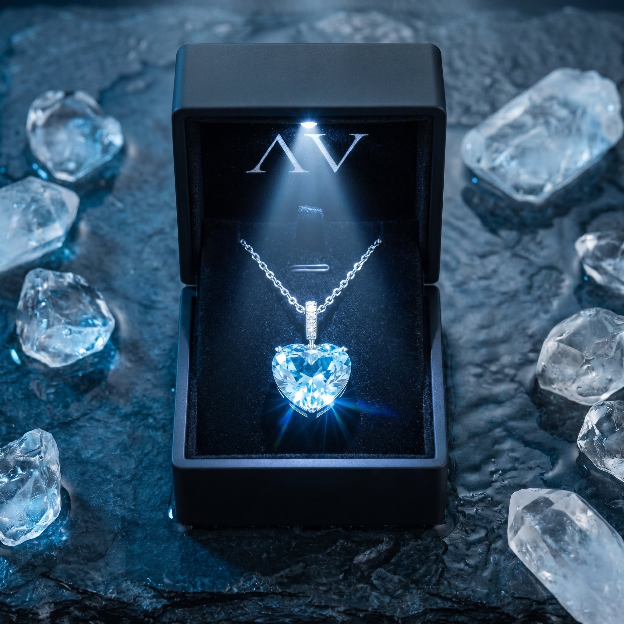 Heart cut aquamarine necklace inside a lighted black gift box, displayed on a dark stone surface with ice.