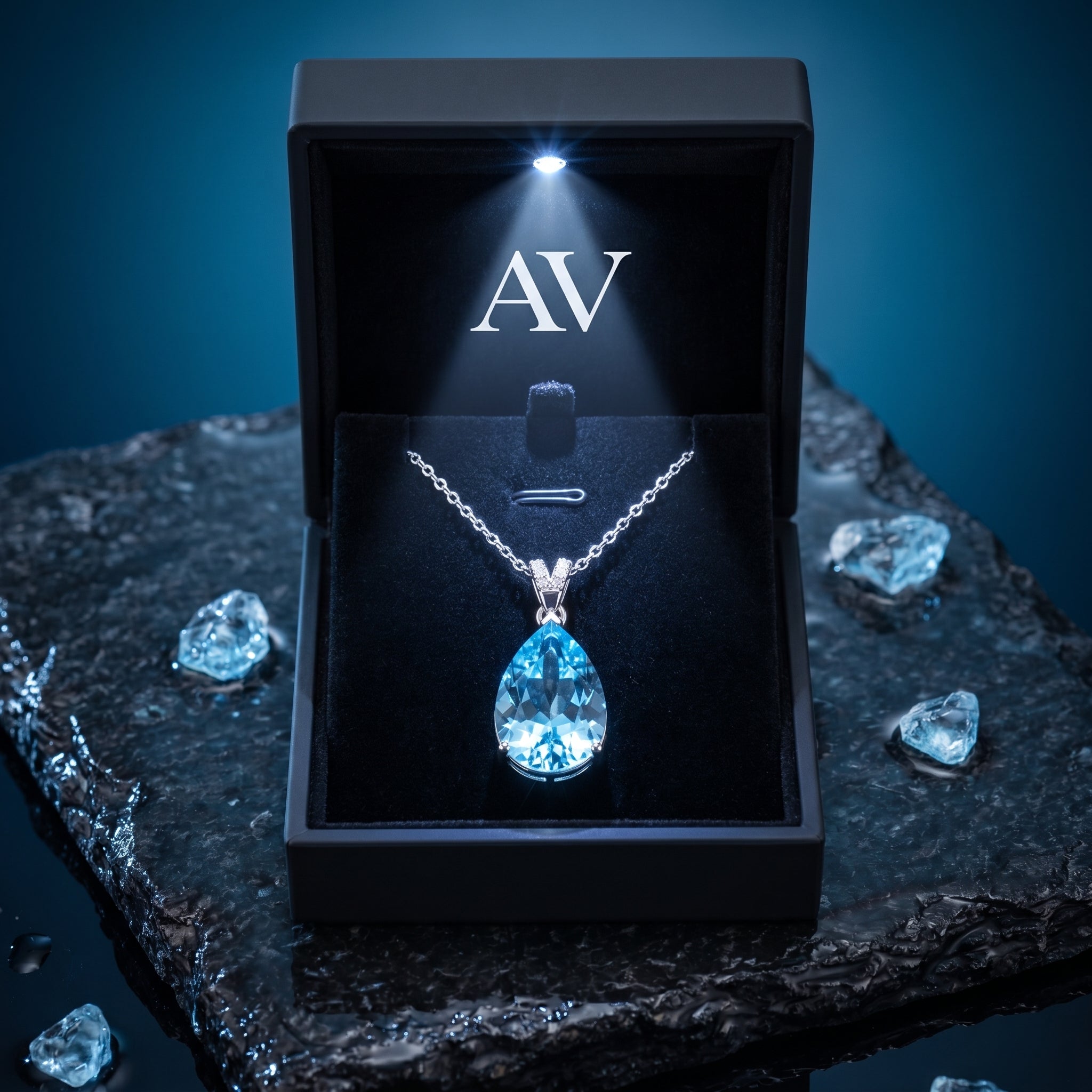 Pear cut aquamarine necklace in Pt950 platinum inside a black LED-lit presentation box on a stone surface.