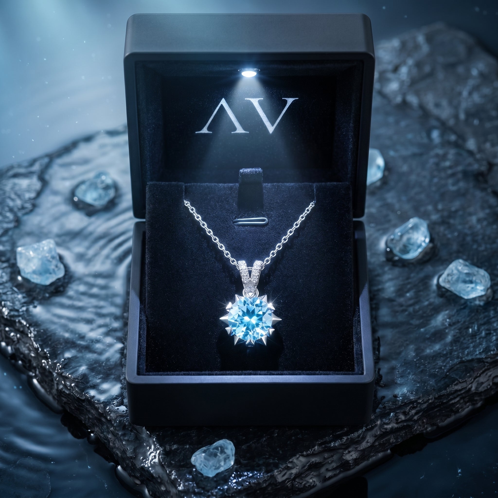 Natural aquamarine platinum necklace presented in a black lighted gift box with the AV logo on a dark stone base.