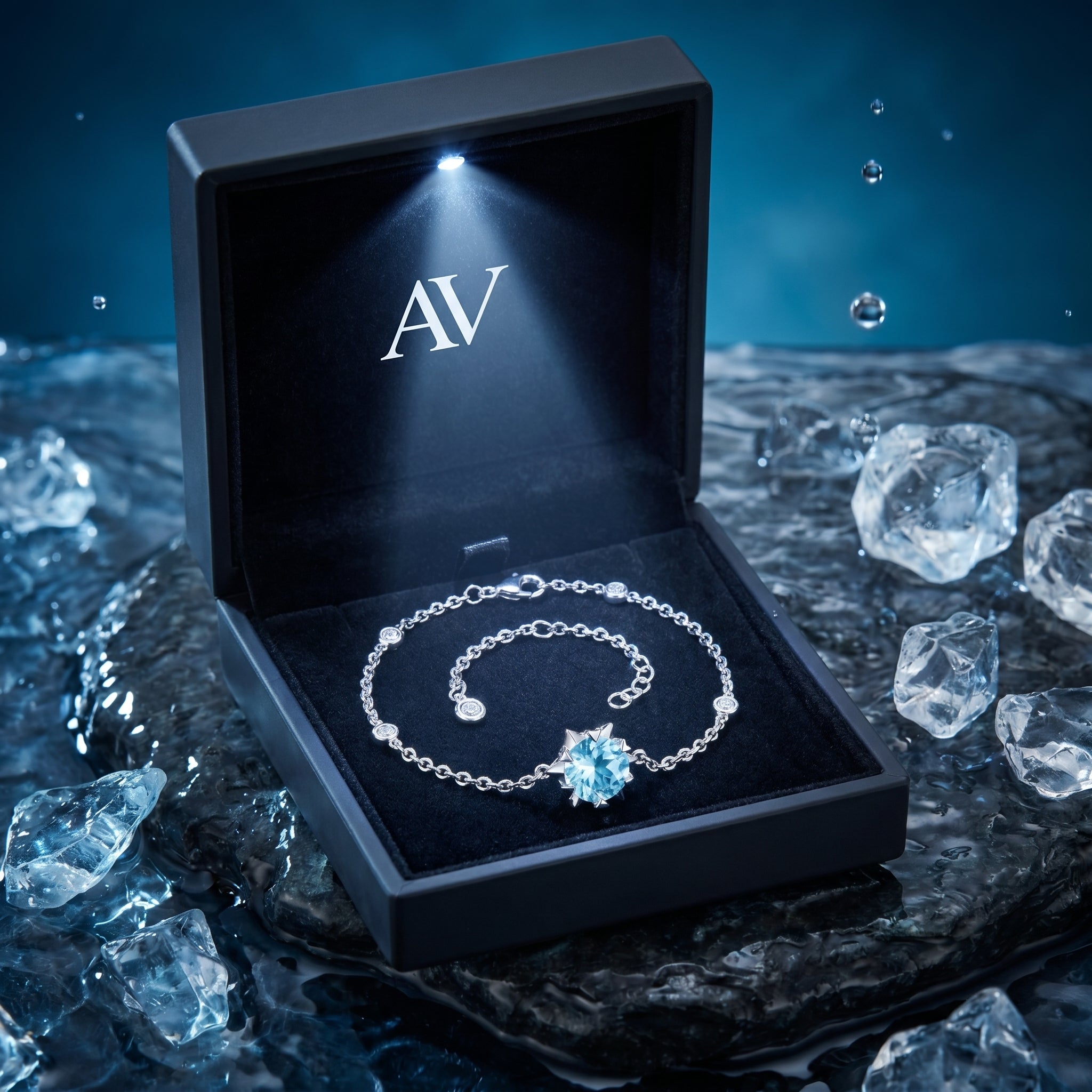 Platinum and natural aquamarine bracelet inside a lighted black jewelry box on a bed of ice.