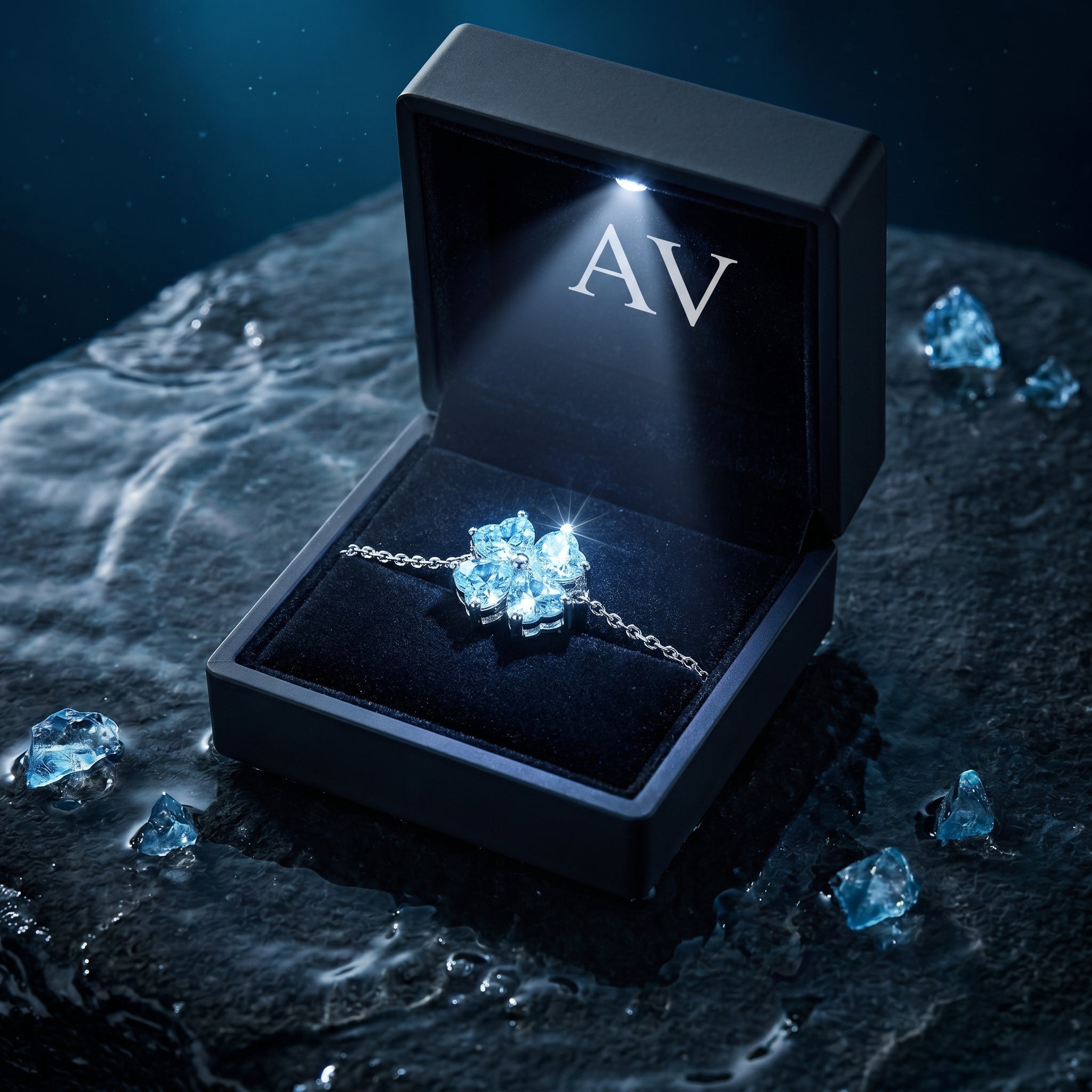 Platinum heart aquamarine bracelet presented in a lighted black jewelry box on a dark stone.