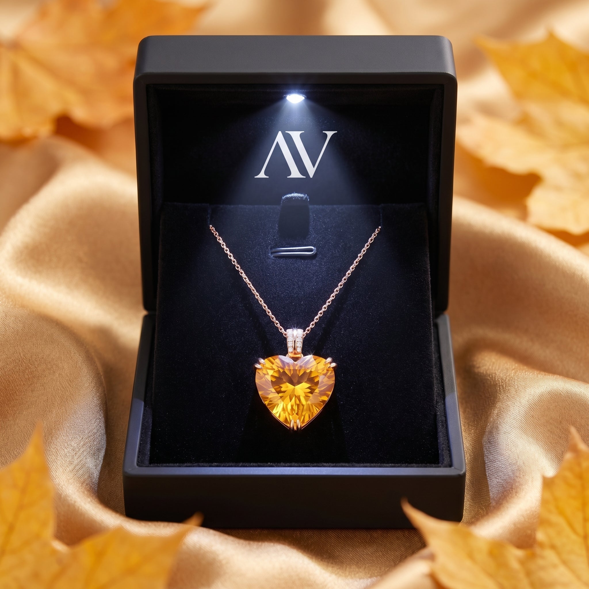 Heart-cut citrine necklace in 18K rose gold presented in a black lighted gift box with autumn leaf accents.