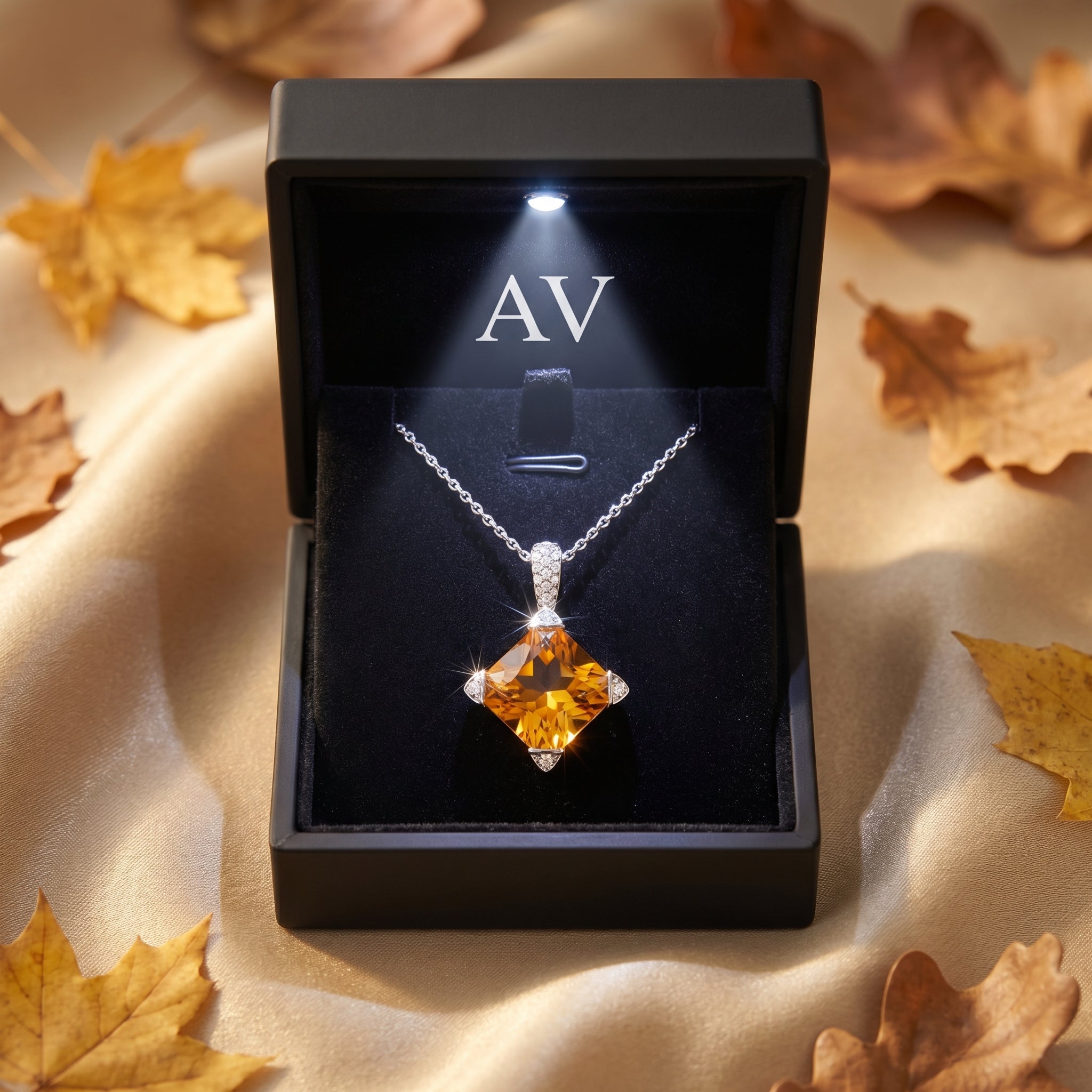 Square-cut natural citrine necklace in silver, displayed in a premium black gift box with an integrated LED light.