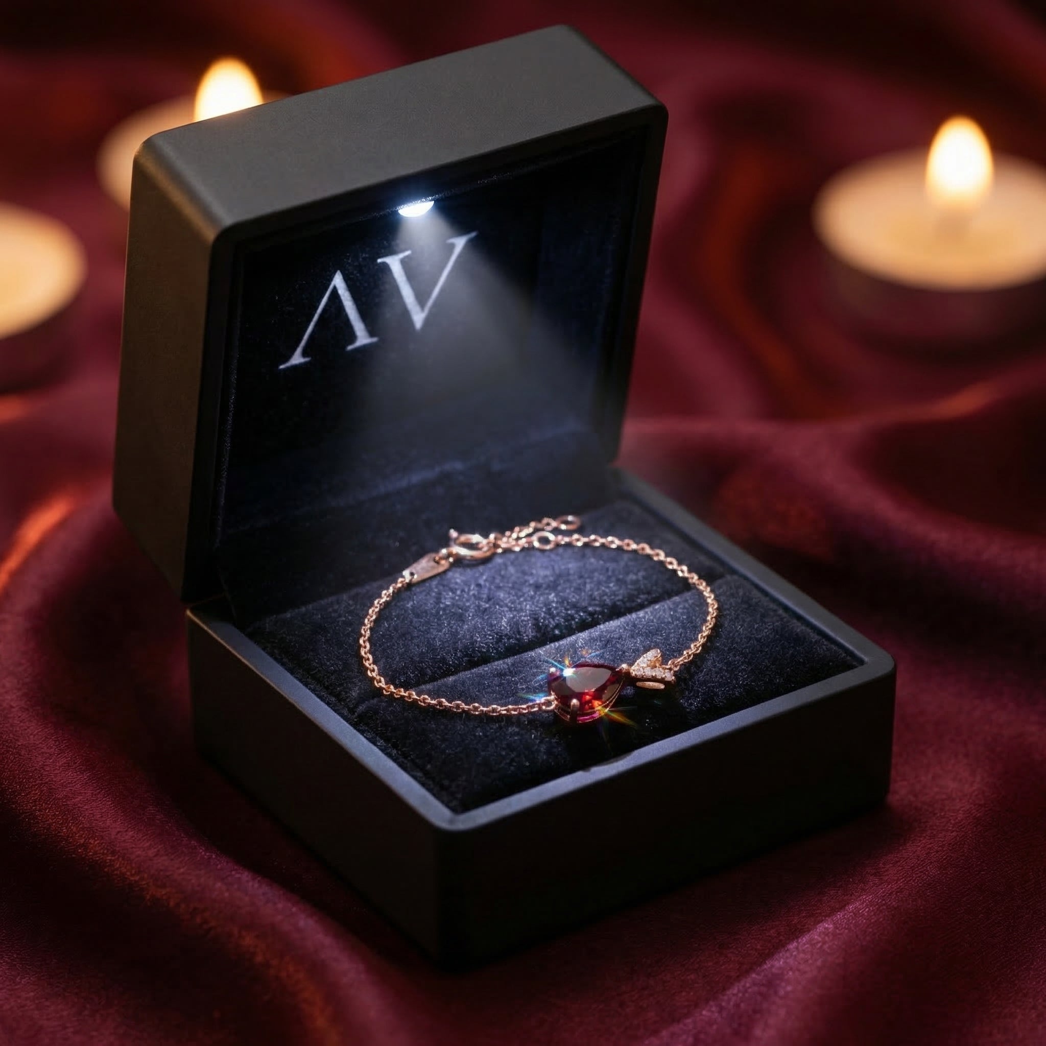 18K rose gold pear garnet bracelet inside a premium lighted black gift box on red silk.