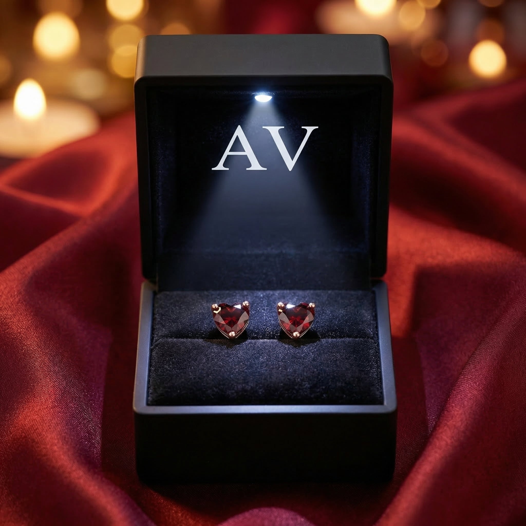 Heart-cut garnet and rose gold stud earrings presented in a lighted black jewelry gift box.