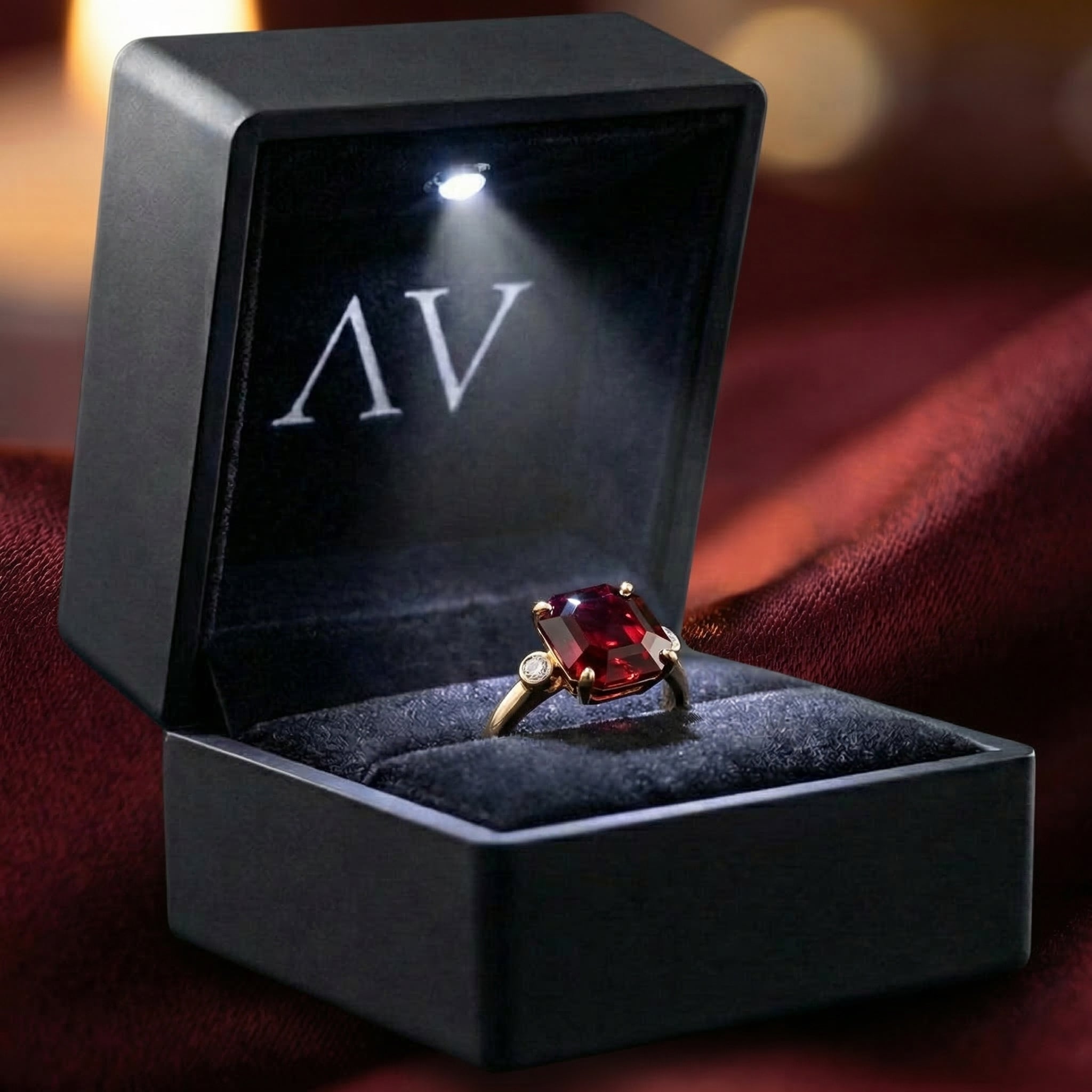 18K yellow gold octagon garnet ring presented in a black LED-lighted jewelry box on red silk.