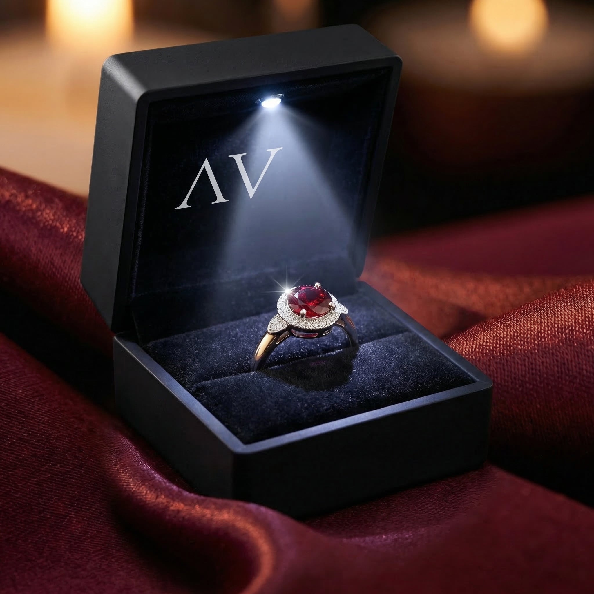 Sterling silver garnet halo ring inside a black LED-lit jewelry box with AV branding on silk fabric.