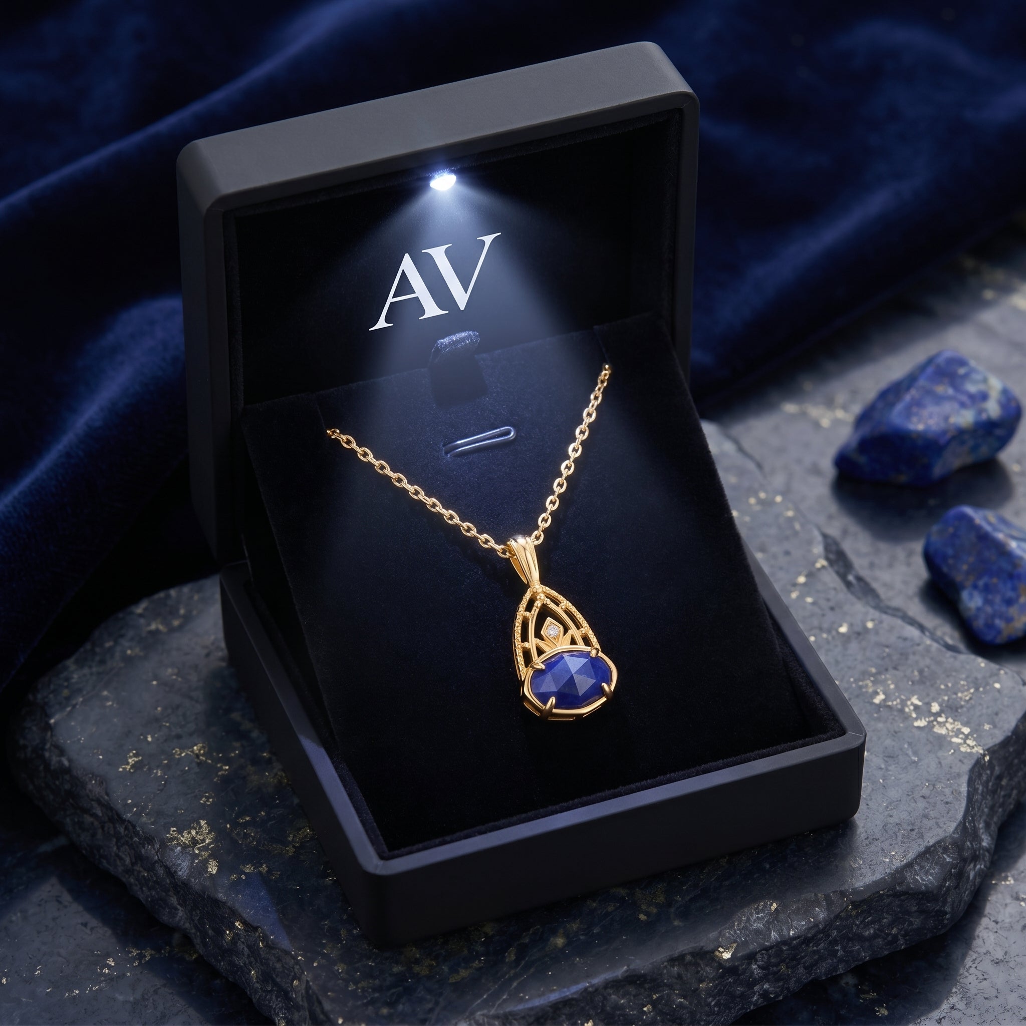 Yellow gold Azure Crest lapis necklace presented in a luxury black lighted gift box with AV branding.