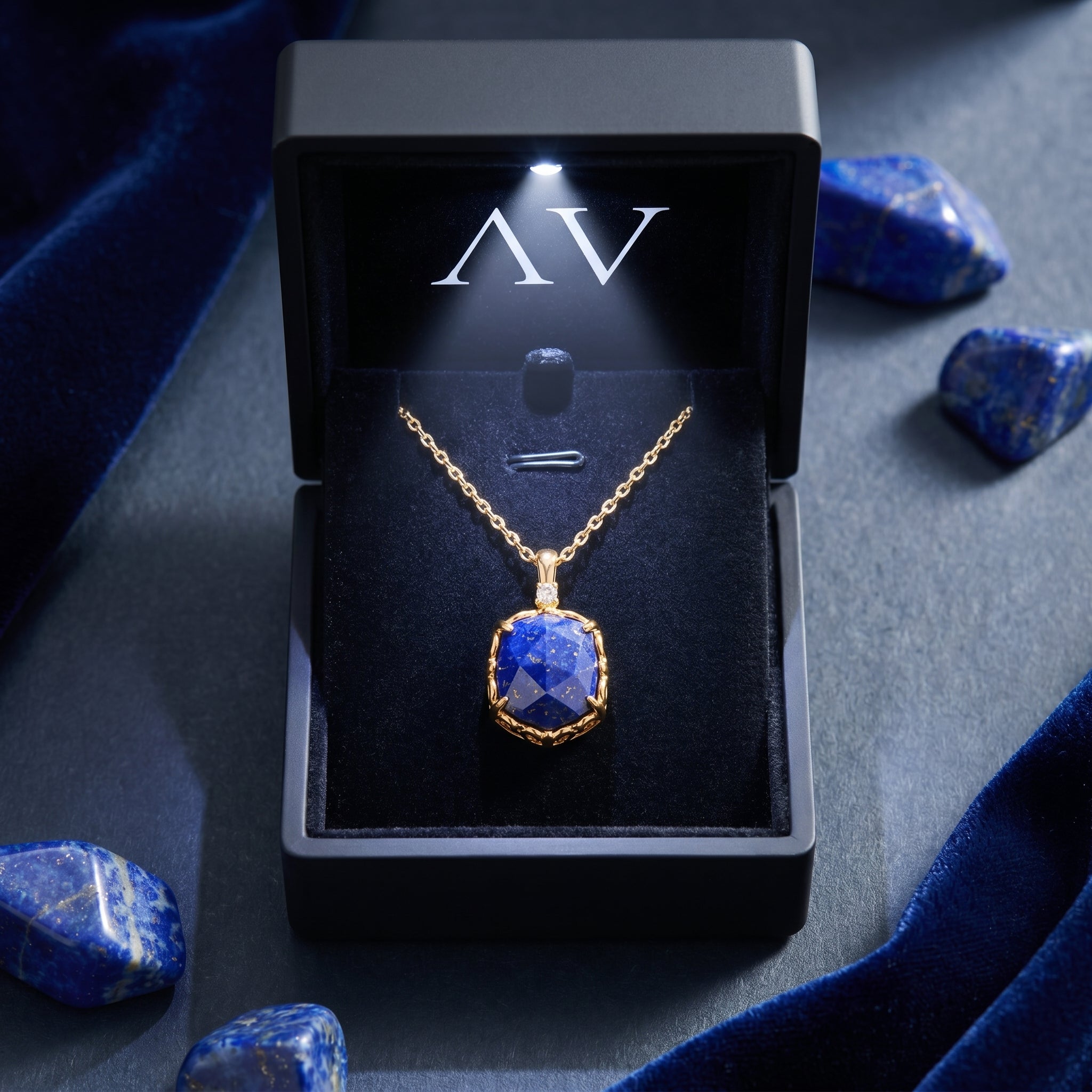 Gold plated hexagon lapis lazuli necklace in a black lighted jewelry box surrounded by raw gemstones.