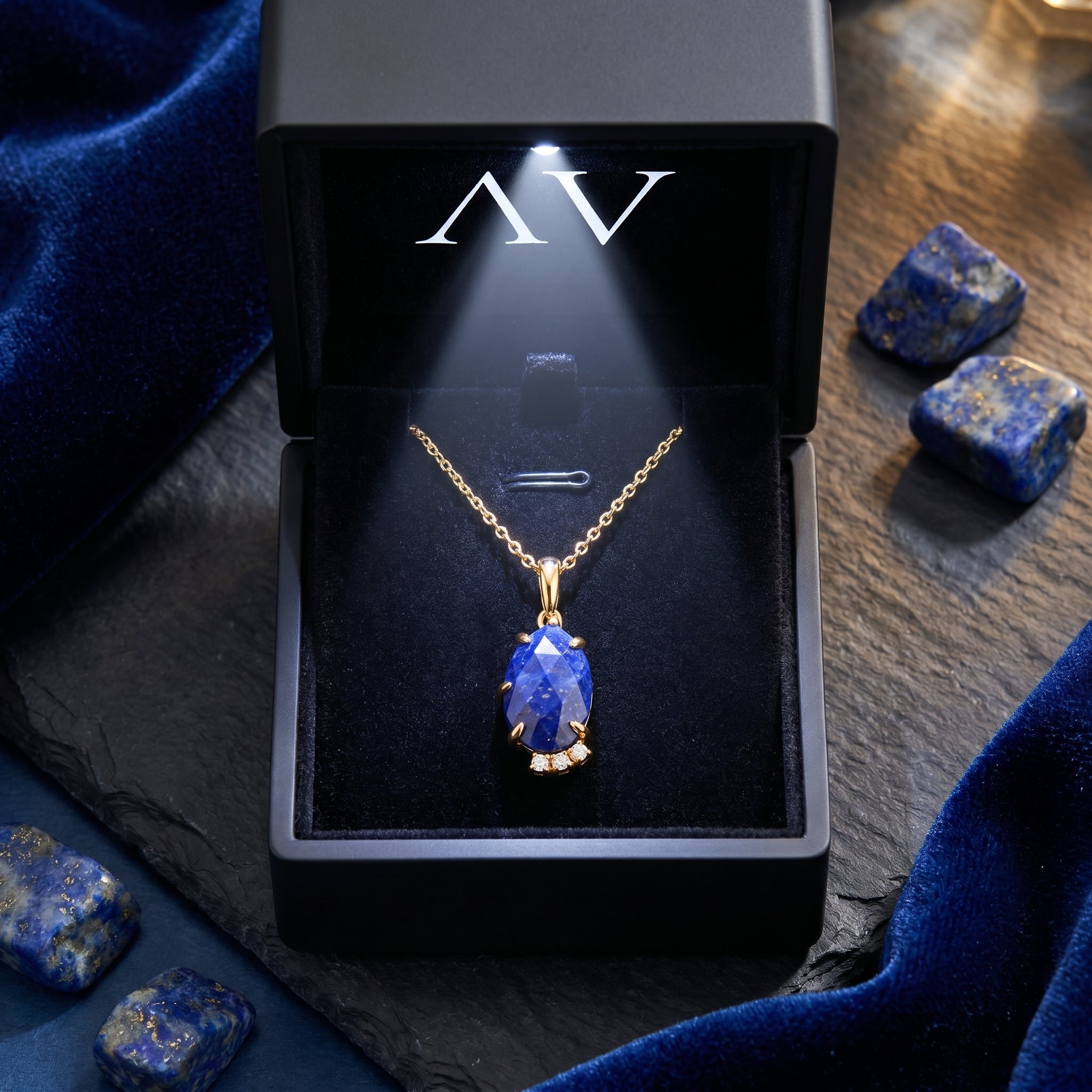 Maia pear natural lapis lazuli necklace in 18k gold plated silver inside a black LED-lit presentation box.