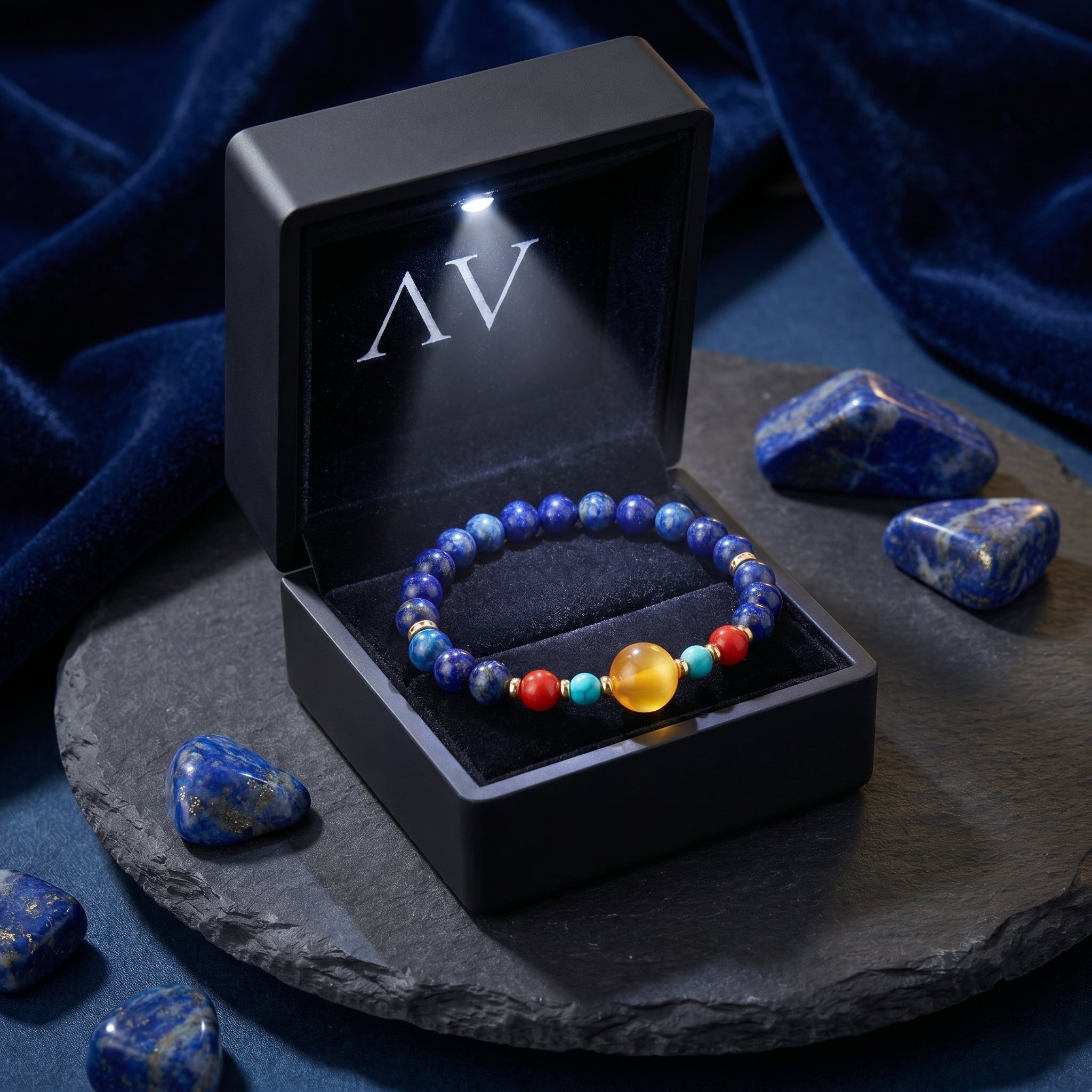 Natural 6mm lapis lazuli bead bracelet with gold accents presented in a black LED-lit jewelry gift box.